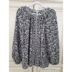 Max Studio Long Sleeve Blouse 1X Keyhole Front Closure Cream And Black‎ Print